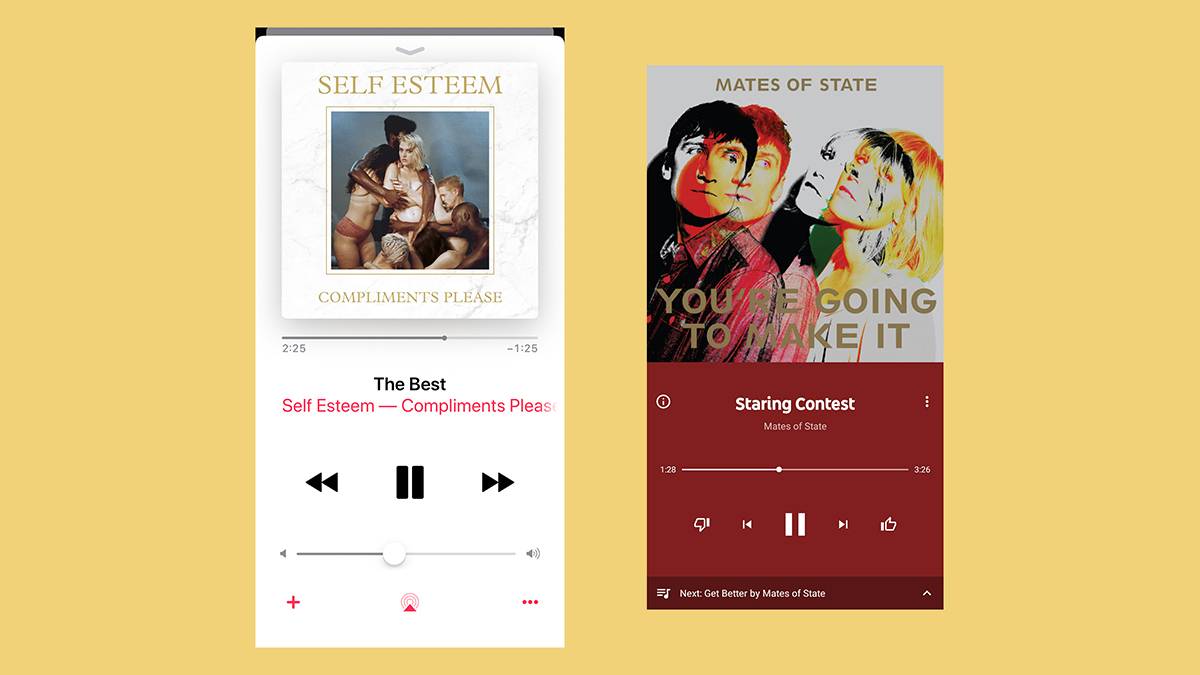 Apple Music (left) and YouTube Music (right).